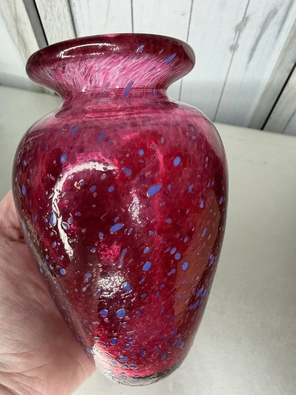 Vintage Hand Blown Glass Cranberry Vase Speckled Painted Purple Small Art Glass